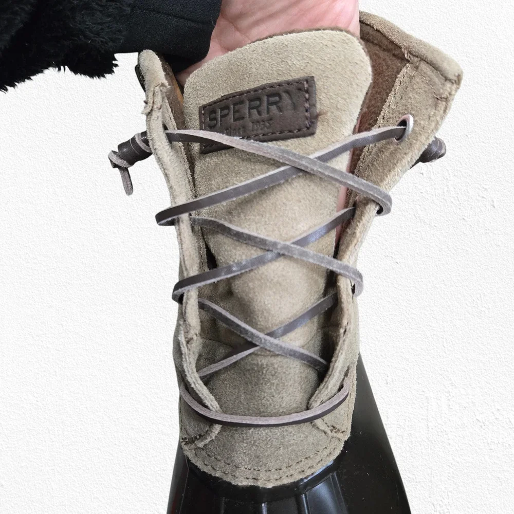 Sperry Beige Suede Brown Waterproof Rain Lace Up Zip Ankle Duck Boots Size 10